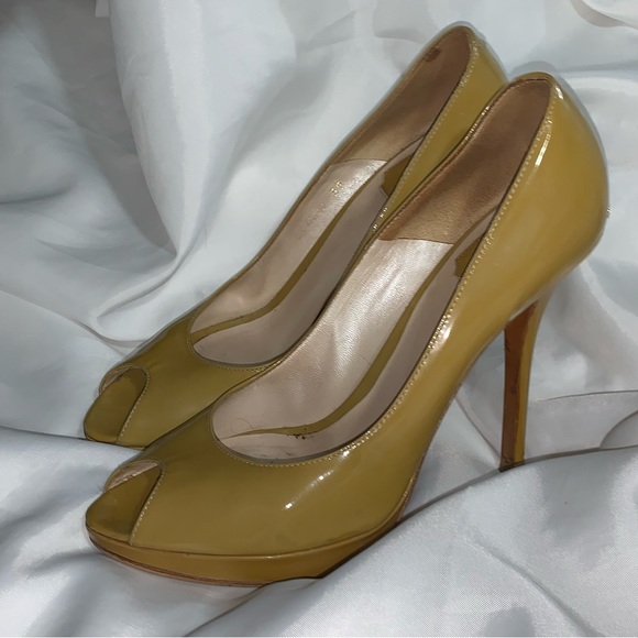 DIOR size 39 mustard yellow patent leather PEEP TOE platform STILLETO pumps - Picture 11 of 15